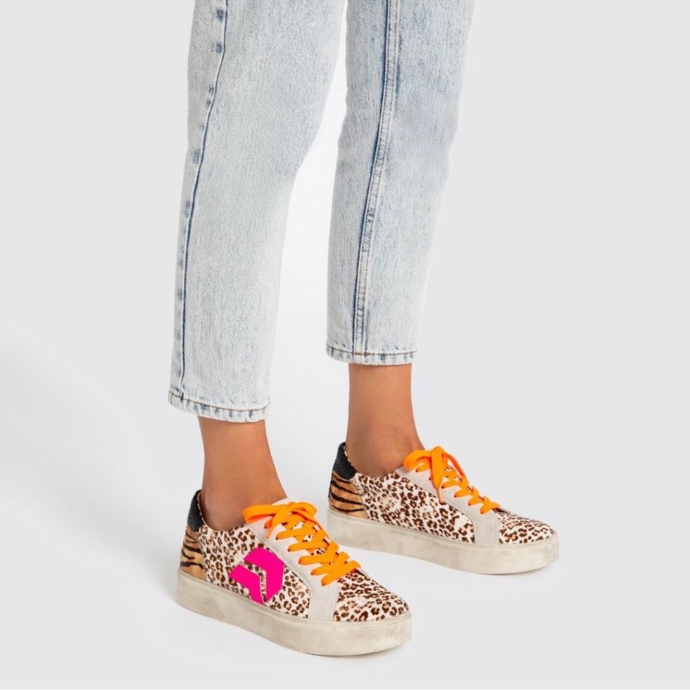 Dolce Vita Leopard Print Sneakers with Orange Laces and Pink Accent